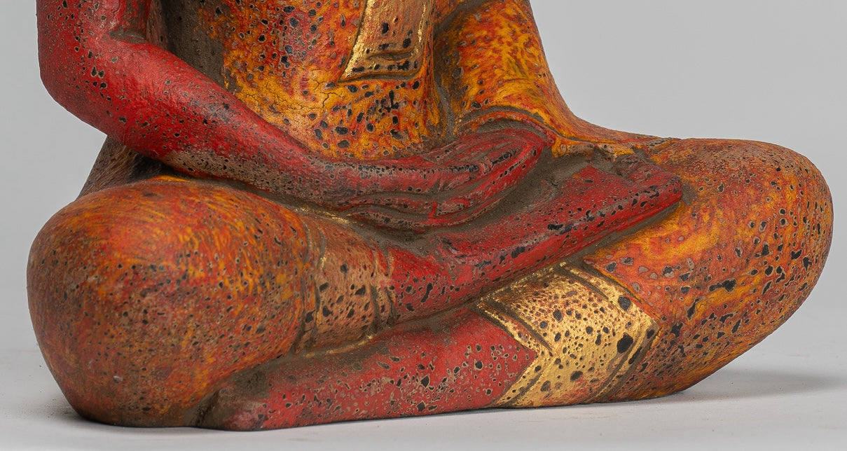 Buddha Sculpture - Antique Khmer Style Wood Seated Buddha Statue Dhyana Meditation Mudra - 27cm/11"