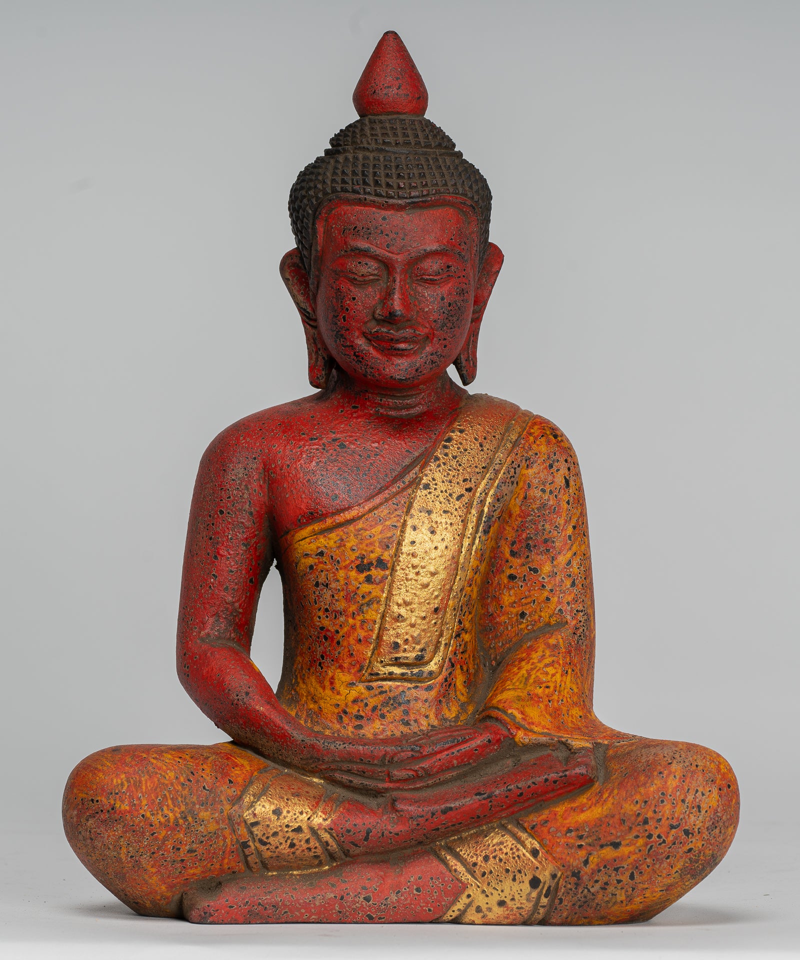 Buddha Sculpture - Antique Khmer Style Wood Seated Buddha Statue Dhyana Meditation Mudra - 27cm/11"