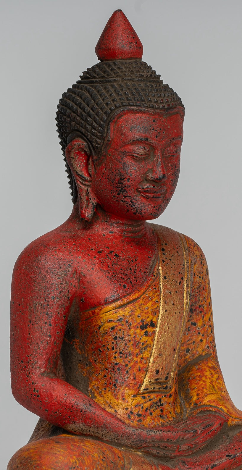 Buddha Sculpture - Antique Khmer Style Wood Seated Buddha Statue Dhyana Meditation Mudra - 27cm/11"