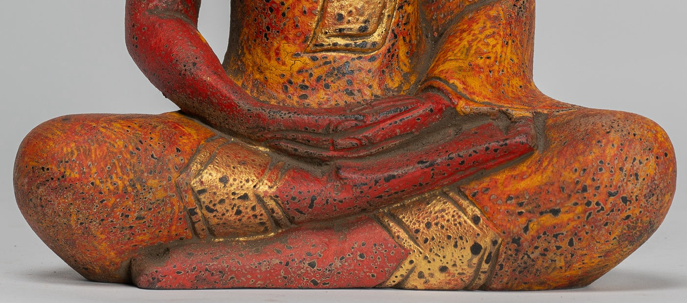 Buddha Sculpture - Antique Khmer Style Wood Seated Buddha Statue Dhyana Meditation Mudra - 27cm/11"