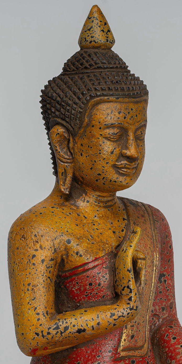Buddha Statue - Antique Khmer Style Cambodia Seated Wood Buddha Statue Teaching Mudra - 26cm/10"