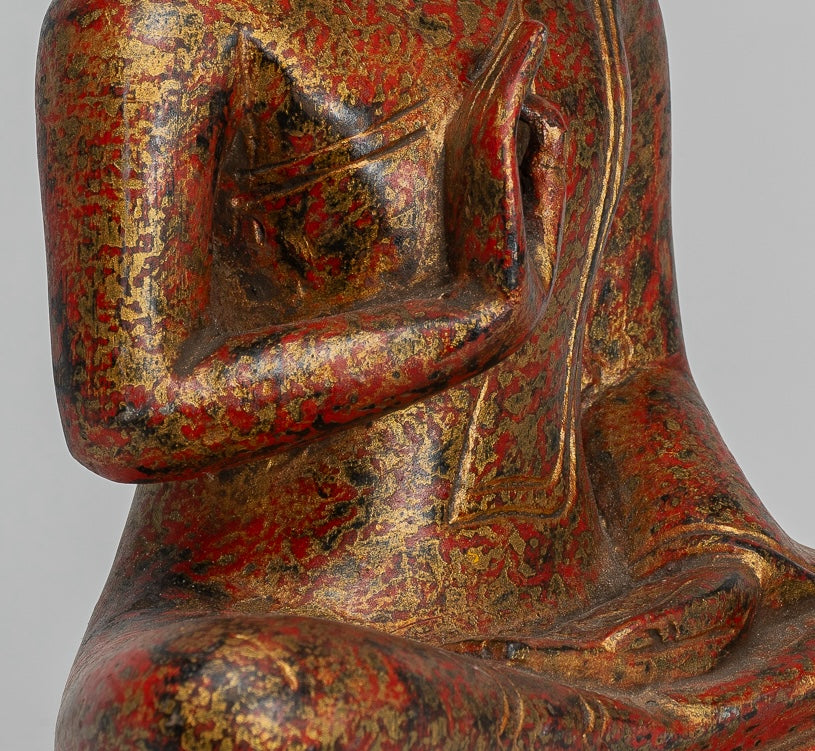 Buddha Statue - Antique Khmer Style Cambodia Seated Wood Buddha Statue Teaching Mudra - 26cm/10"