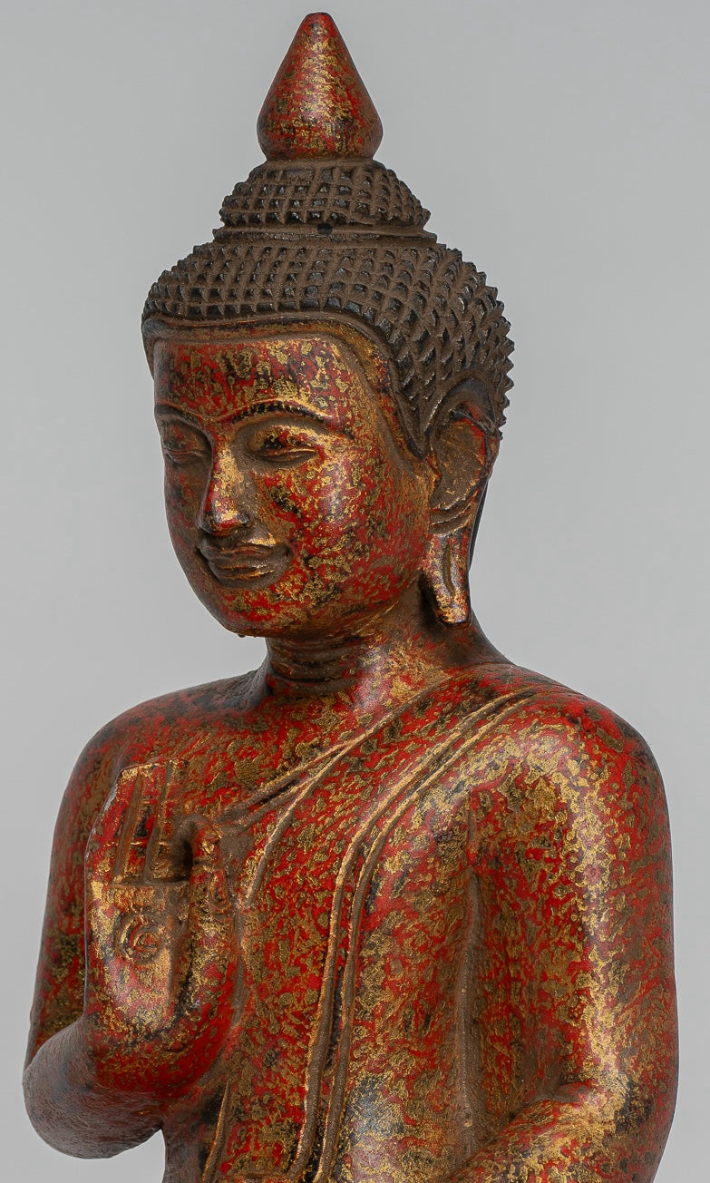 Buddha Statue - Antique Khmer Style Cambodia Seated Wood Buddha Statue Teaching Mudra - 27cm/11"