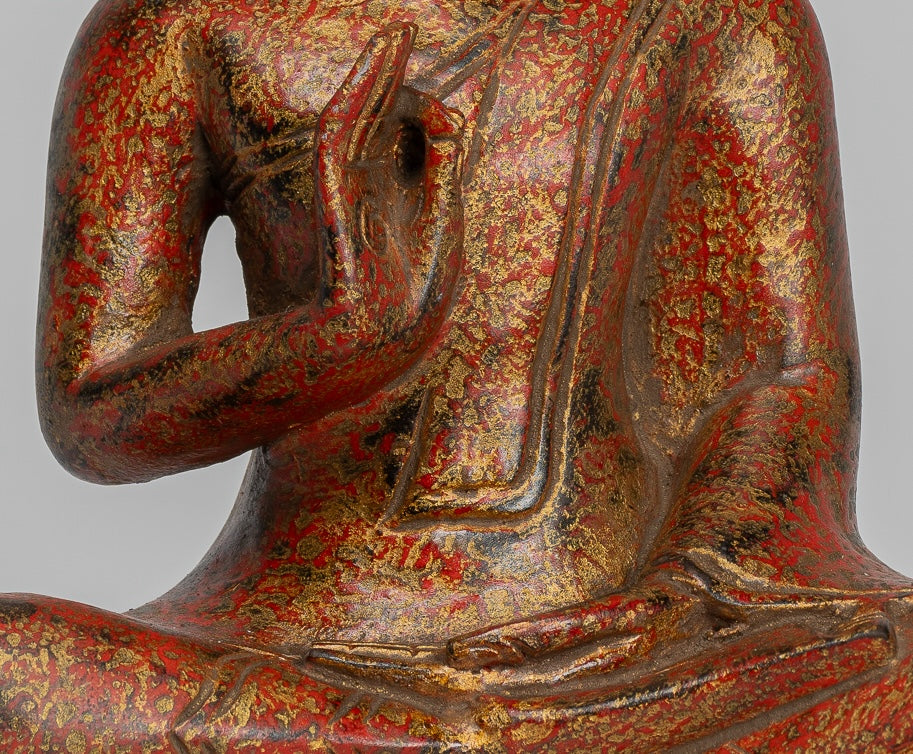 Buddha Statue - Antique Khmer Style Cambodia Seated Wood Buddha Statue Teaching Mudra - 27cm/11"