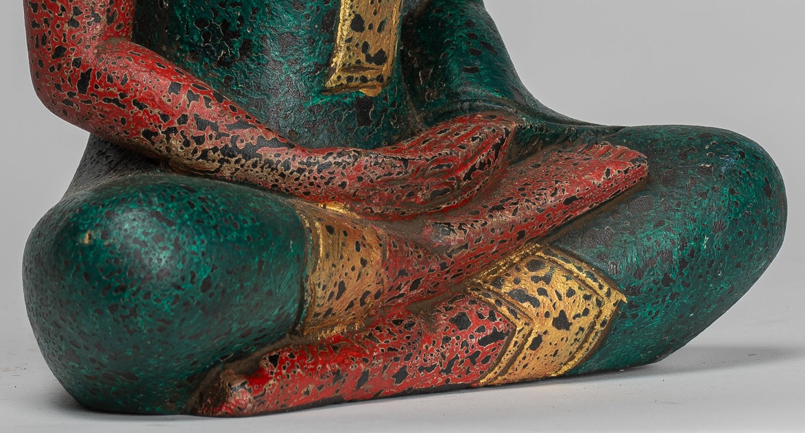 Buddha Sculpture - Antique Khmer Style Wood Seated Buddha Statue Dhyana Meditation Mudra - 26cm/10"