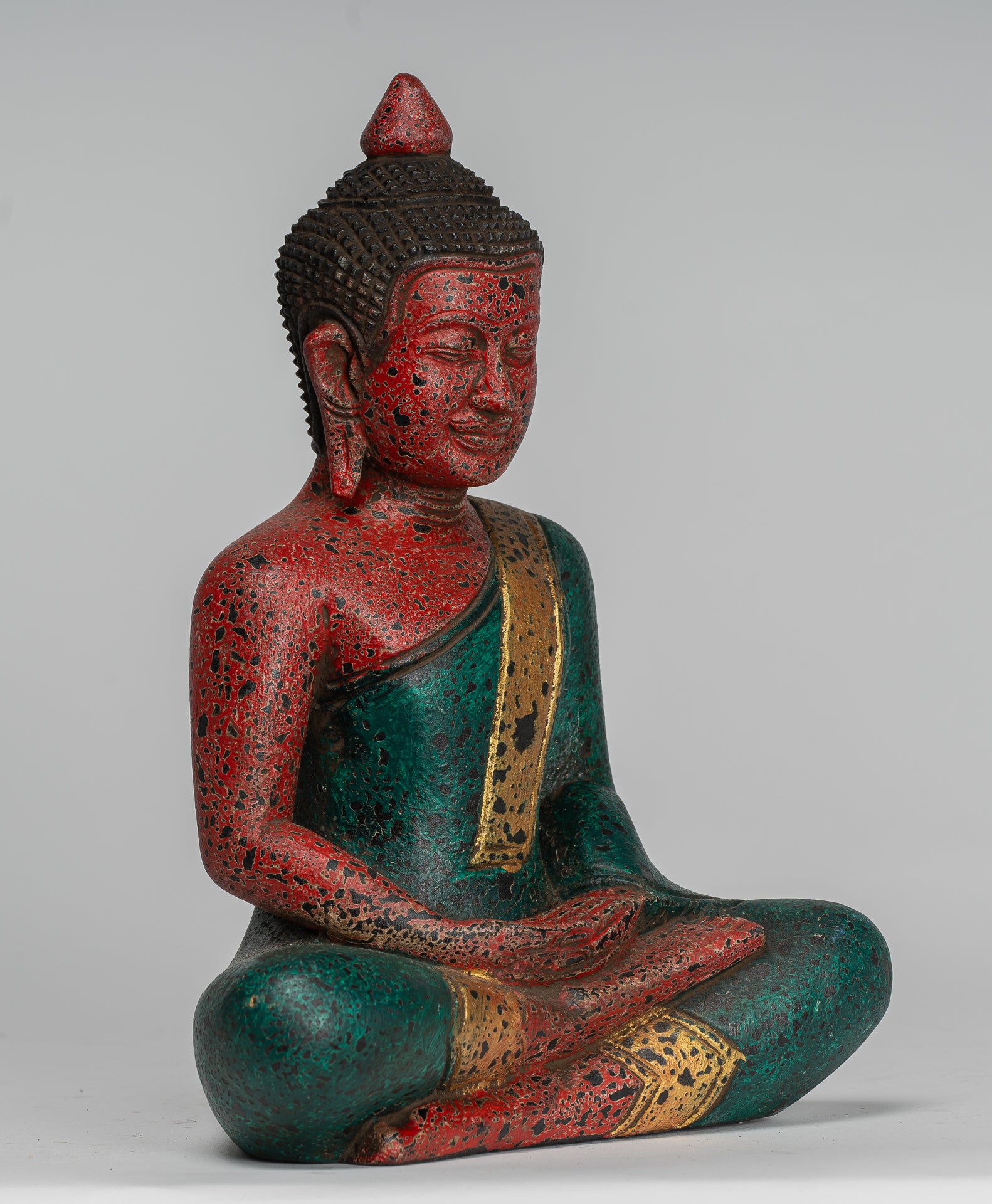 Buddha Sculpture - Antique Khmer Style Wood Seated Buddha Statue Dhyana Meditation Mudra - 26cm/10"