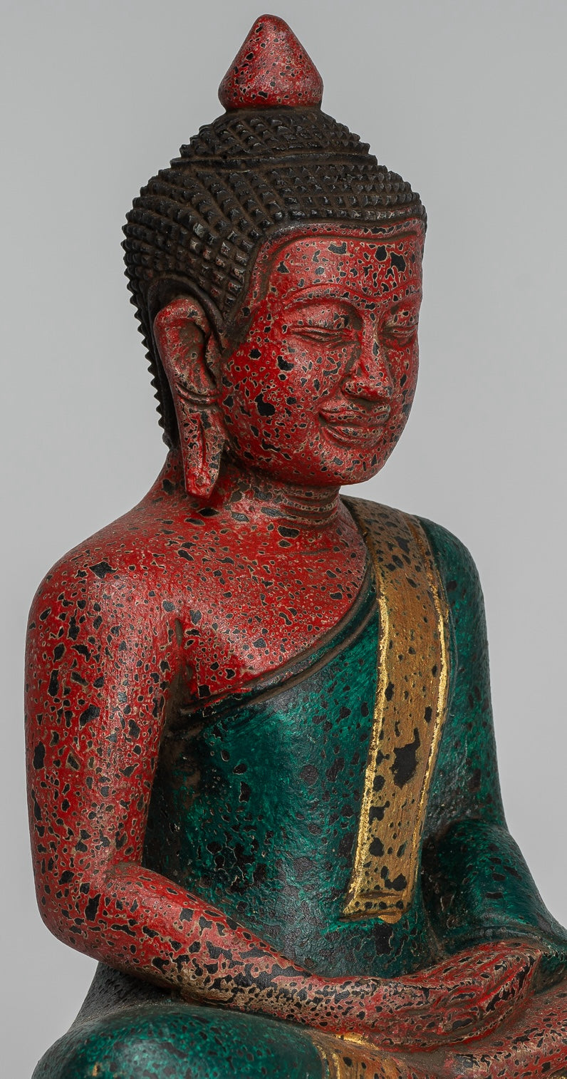 Buddha Sculpture - Antique Khmer Style Wood Seated Buddha Statue Dhyana Meditation Mudra - 26cm/10"