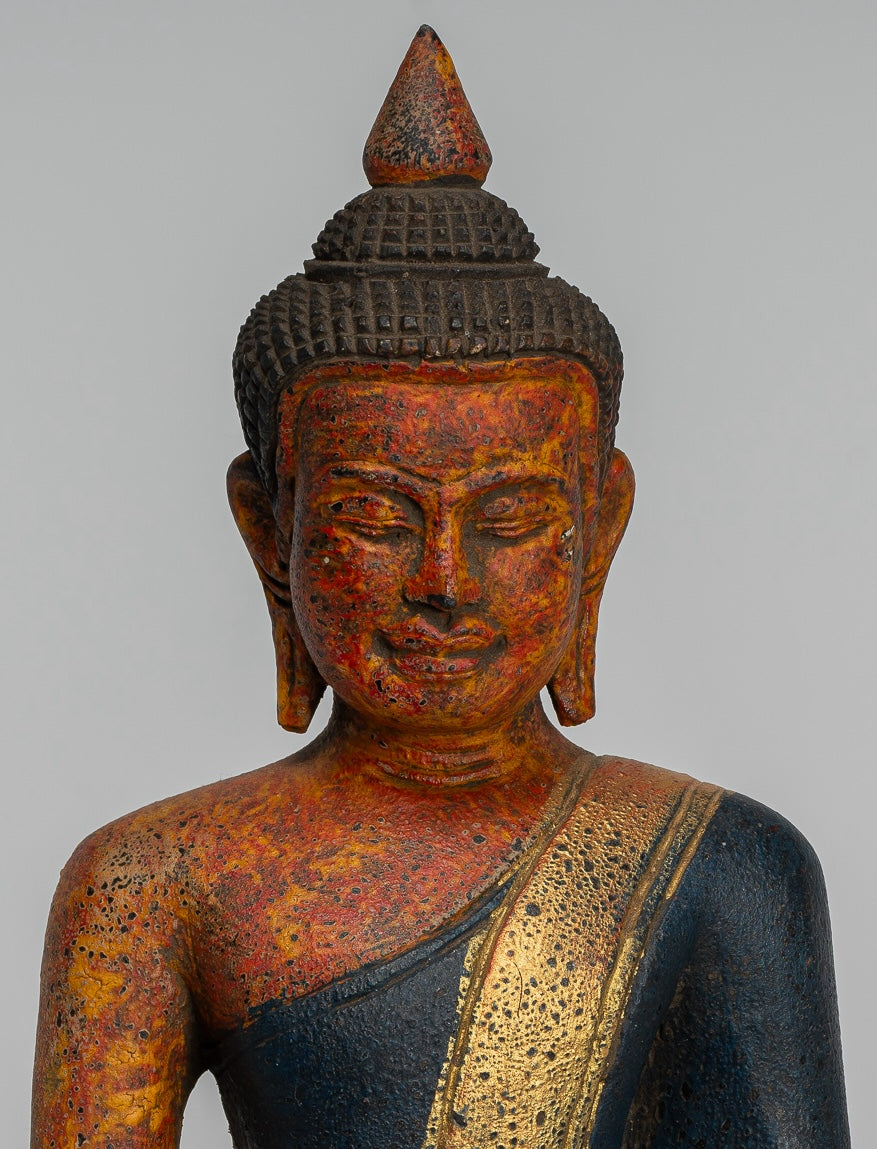 Buddha Statue - Antique Khmer Style SE Asia Seated Wood Enlightenment Buddha Statue - 27cm/11"