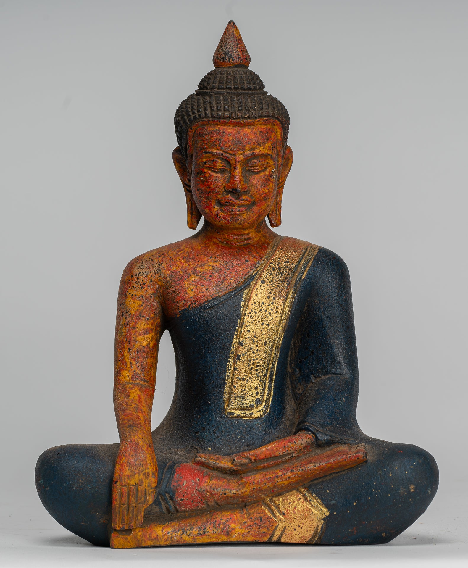 Buddha Statue - Antique Khmer Style SE Asia Seated Wood Enlightenment Buddha Statue - 27cm/11"