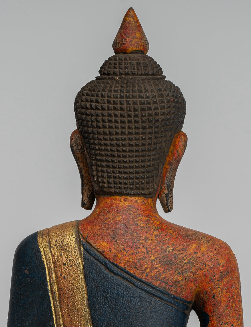 Buddha Statue - Antique Khmer Style SE Asia Seated Wood Enlightenment Buddha Statue - 27cm/11"