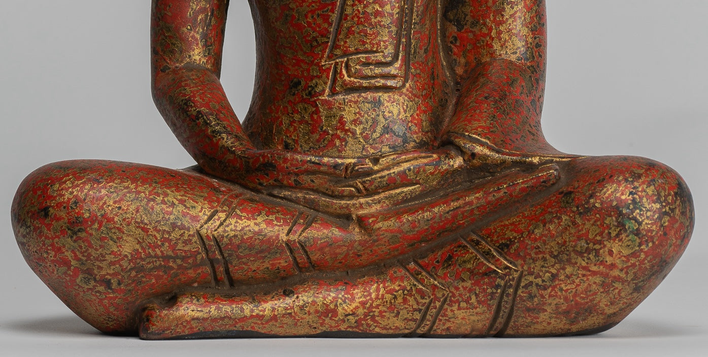 Buddha Sculpture - Antique Khmer Style Wood Seated Buddha Statue Dhyana Meditation Mudra - 32cm/13"