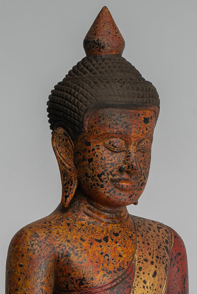 Buddha Statue - Antique Khmer Style SE Asia Seated Wood Enlightenment Buddha Statue - 46cm/18"