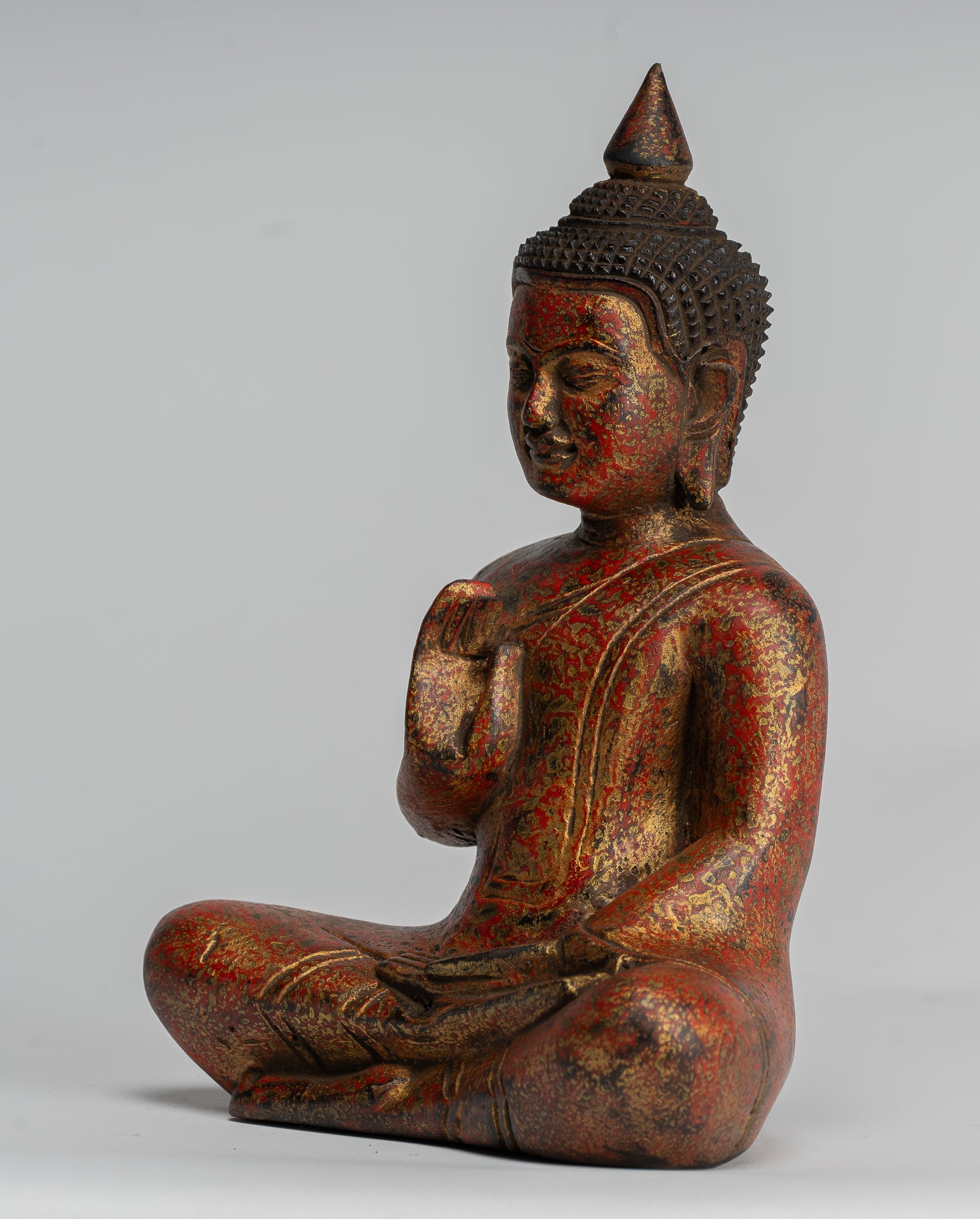 Buddha Sculpture - Buddha - Antique Khmer Style Seated Wood Buddha Statue Teaching Mudra - 20cm/8"