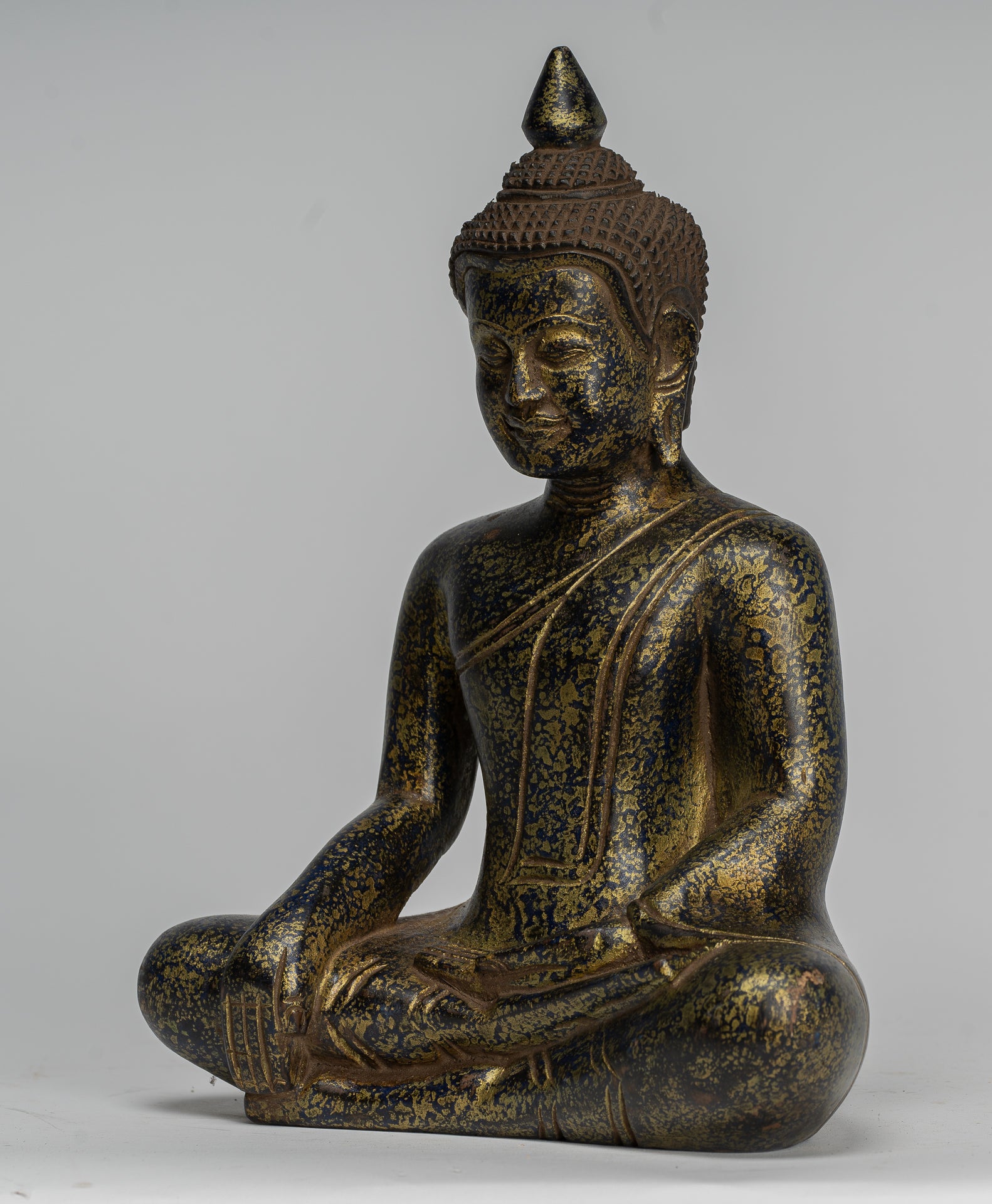 Buddha Statue - Antique Khmer Style SE Asia Seated Wood Enlightenment Buddha Statue - 27cm/11"