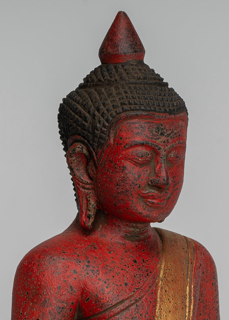 Buddha Sculpture - Antique Khmer Style Wood Seated Buddha Statue Dhyana Meditation Mudra - 27cm/11"