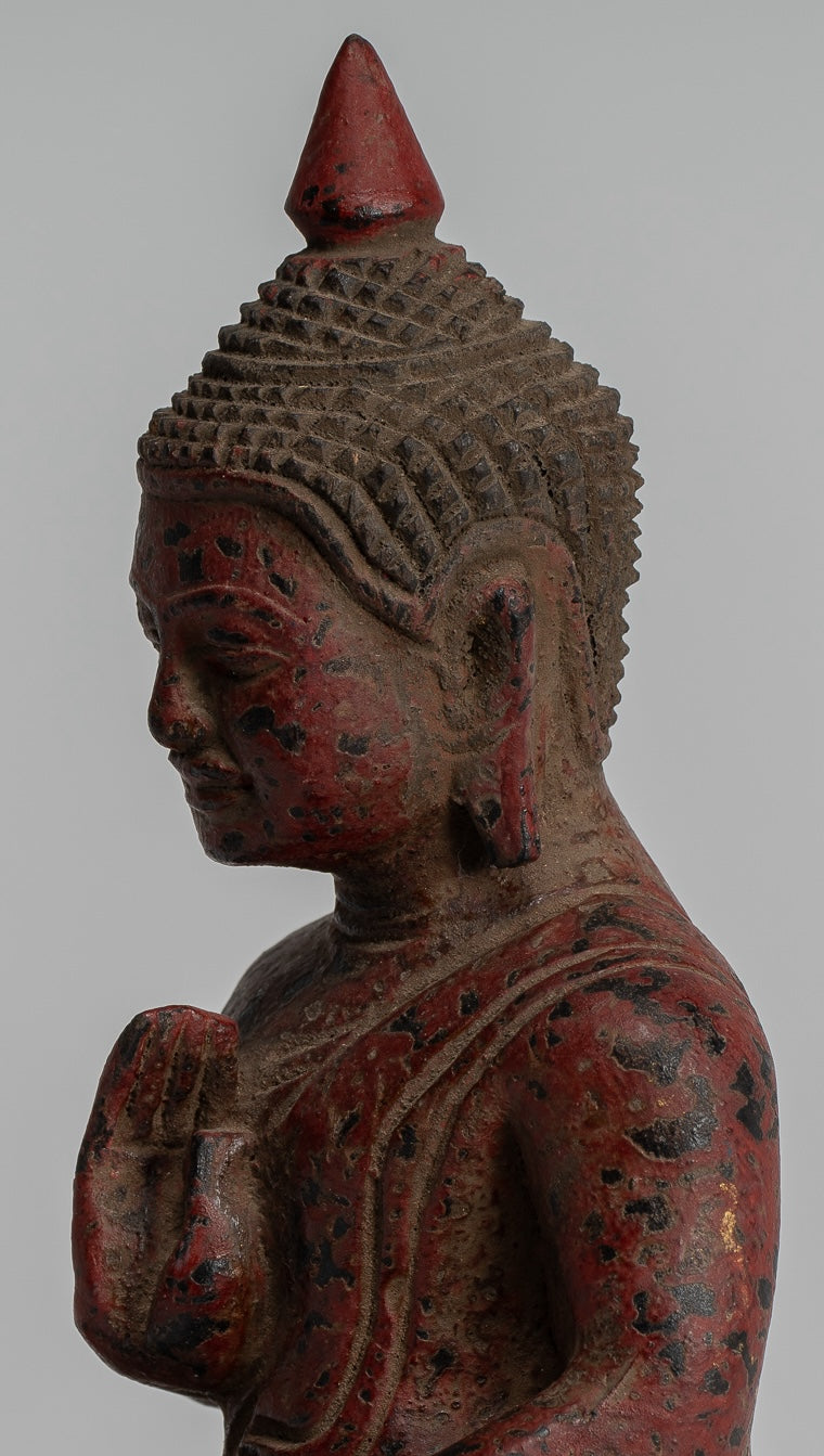 Buddha Sculpture - Buddha - Antique Khmer Style Seated Wood Buddha Statue Teaching Mudra - 17cm/7"