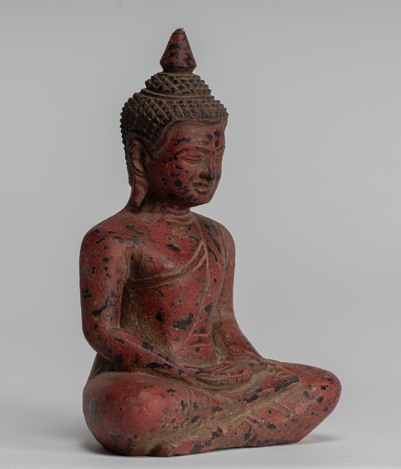 Buddha Sculpture - Antique Khmer Style Wood Seated Buddha Statue Dhyana Meditation Mudra - 17cm/7"