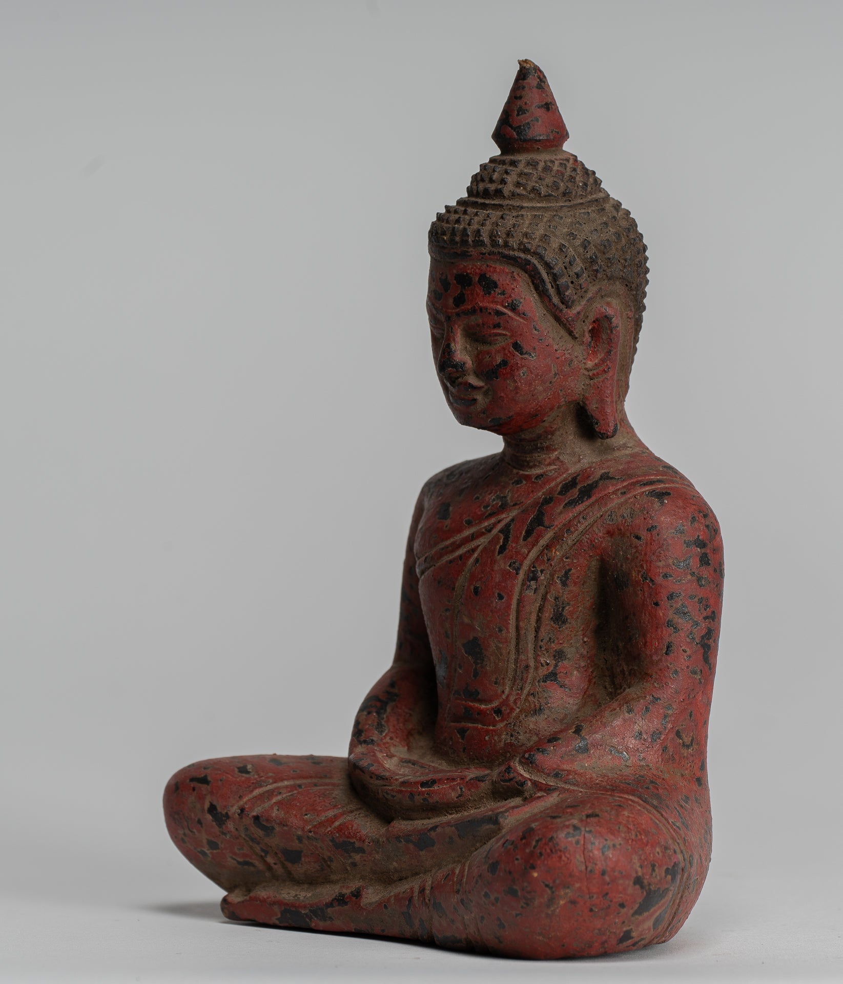 Buddha Sculpture - Antique Khmer Style Wood Seated Buddha Statue Dhyana Meditation Mudra - 17cm/7"