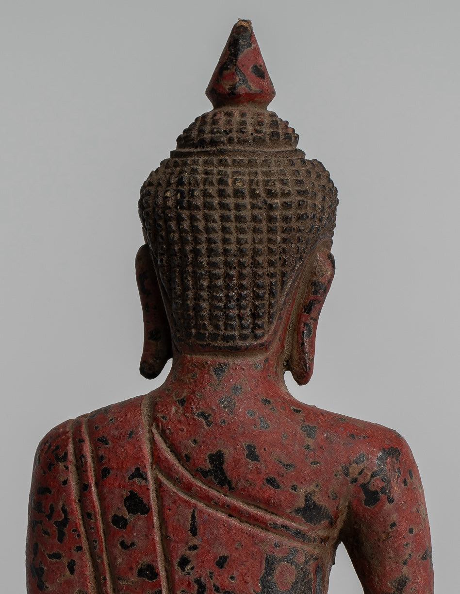 Buddha Sculpture - Antique Khmer Style Wood Seated Buddha Statue Dhyana Meditation Mudra - 17cm/7"