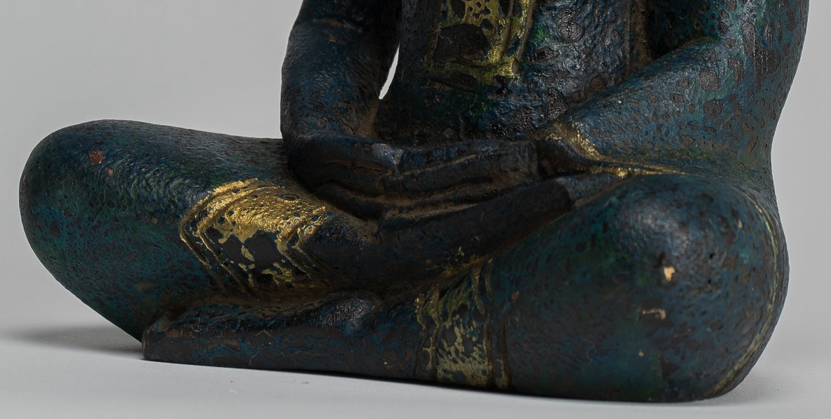 Buddha Sculpture - Antique Khmer Style Wood Seated Buddha Statue Dhyana Meditation Mudra - 20cm/8"