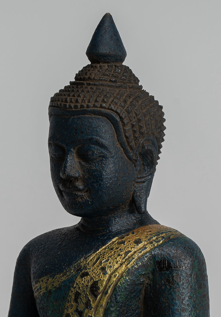 Buddha Sculpture - Antique Khmer Style Wood Seated Buddha Statue Dhyana Meditation Mudra - 20cm/8"