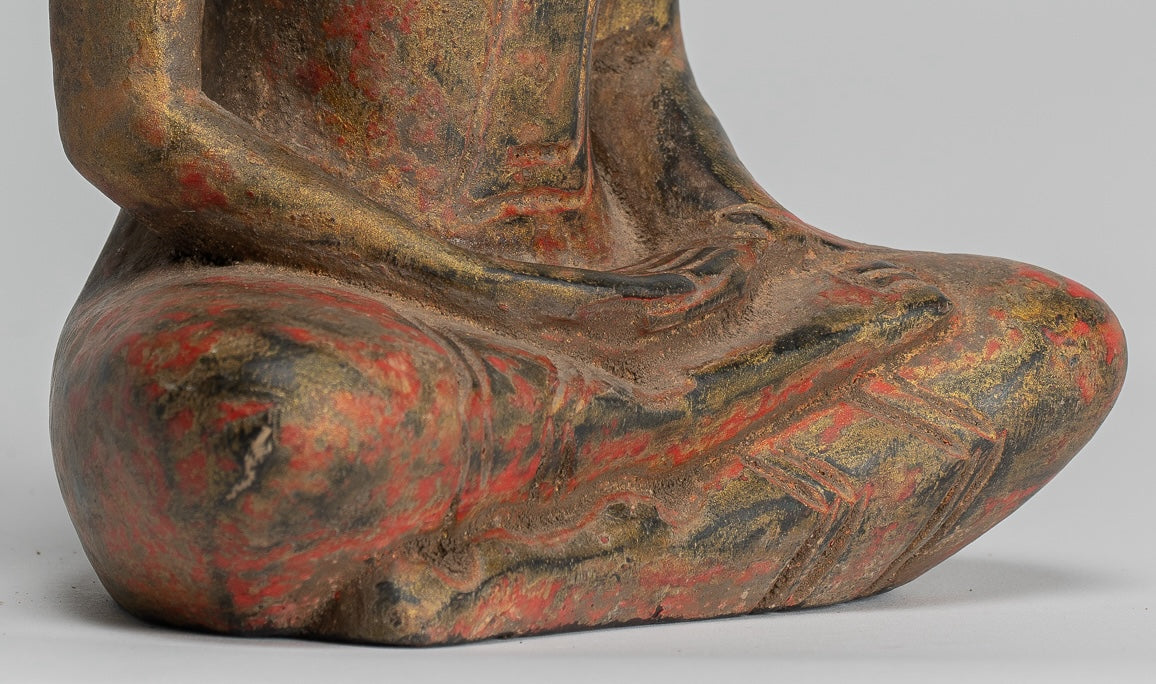 Buddha Sculpture - Antique Khmer Style Wood Seated Buddha Statue Dhyana Meditation Mudra - 20cm/8"