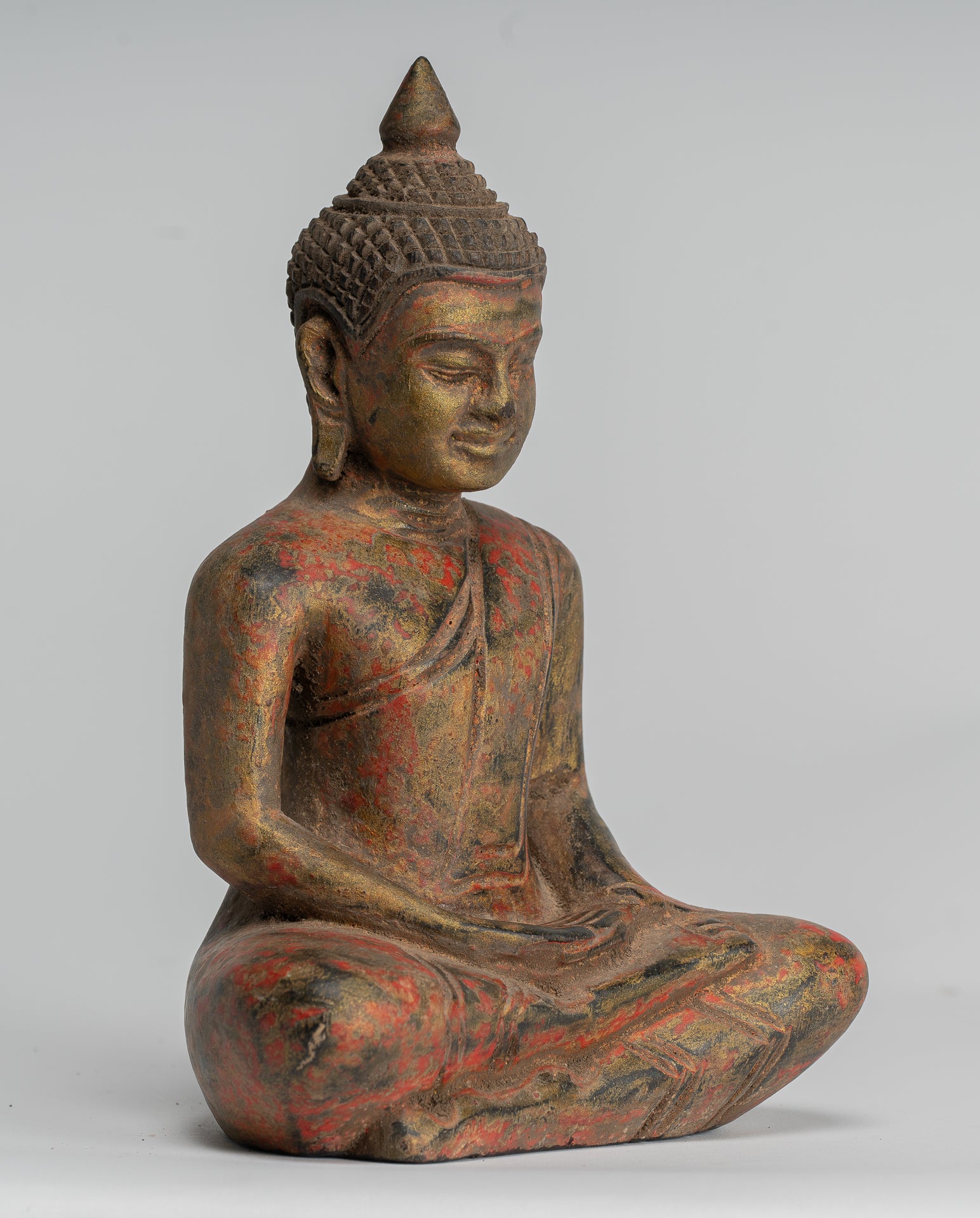 Buddha Sculpture - Antique Khmer Style Wood Seated Buddha Statue Dhyana Meditation Mudra - 20cm/8"