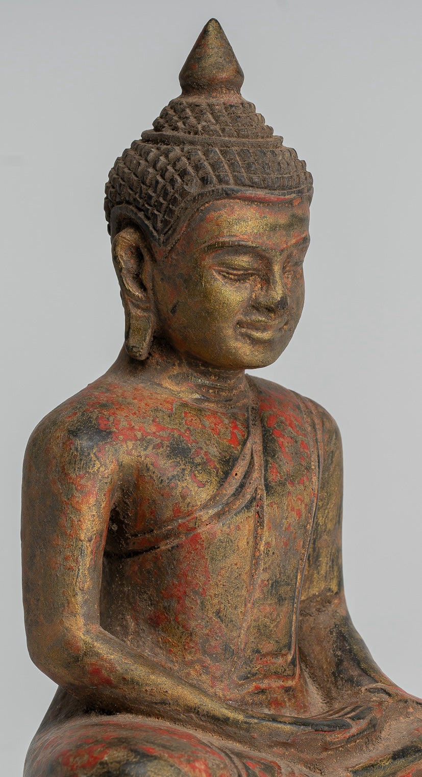 Buddha Sculpture - Antique Khmer Style Wood Seated Buddha Statue Dhyana Meditation Mudra - 20cm/8"