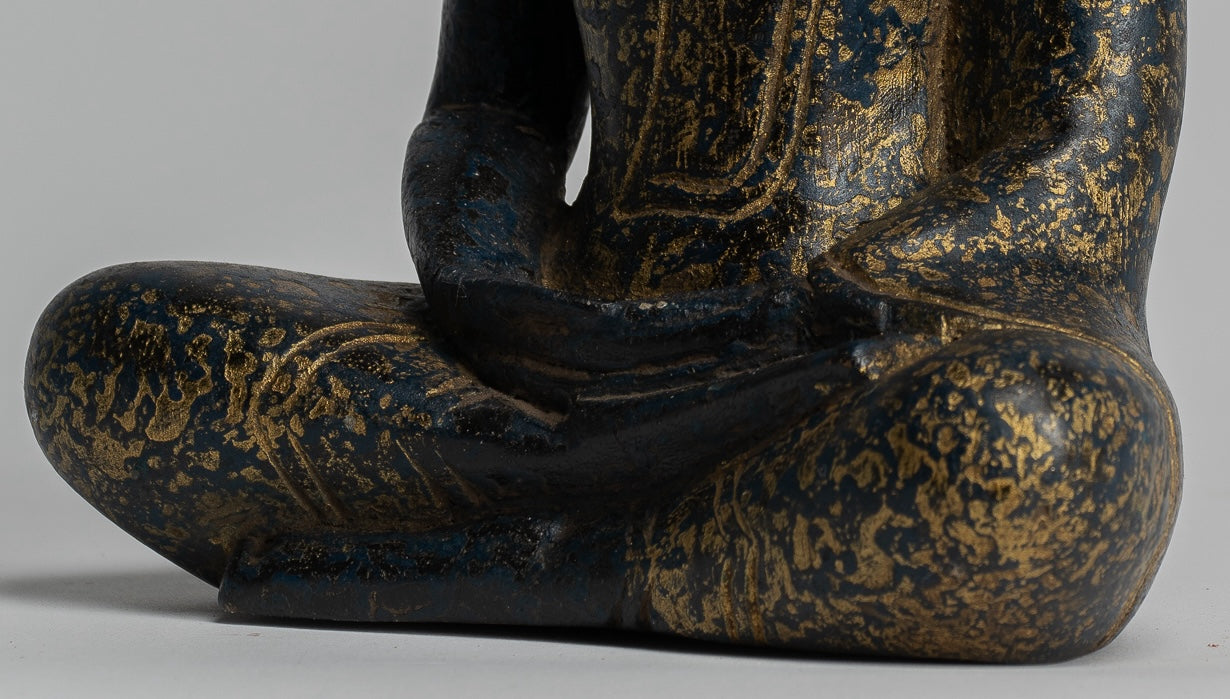 Buddha Sculpture - Antique Khmer Style Wood Seated Buddha Statue Dhyana Meditation Mudra - 20cm/8"