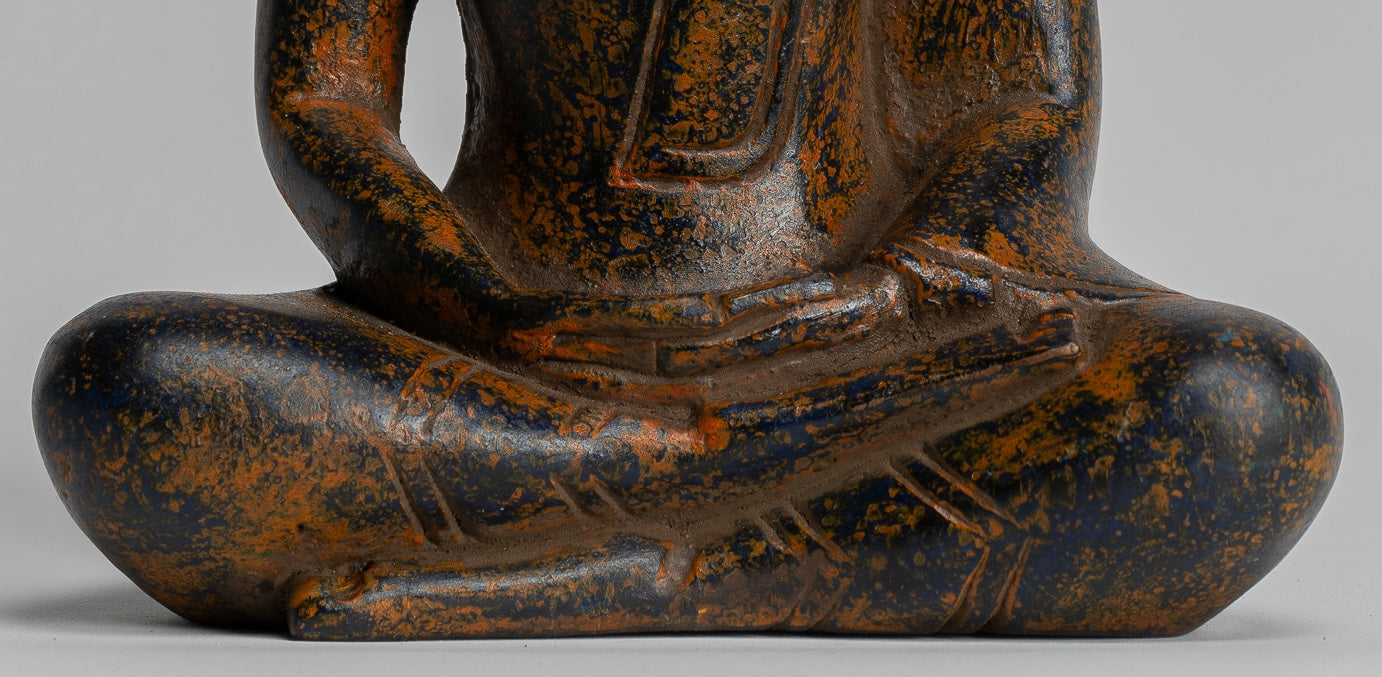 Buddha Sculpture - Antique Khmer Style Wood Seated Buddha Statue Dhyana Meditation Mudra - 20cm/8"