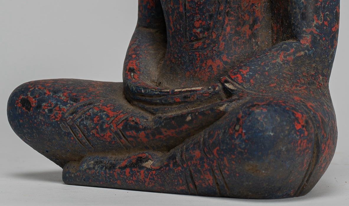 Buddha Sculpture - Antique Khmer Style Wood Seated Buddha Statue Dhyana Meditation Mudra - 20cm/8"