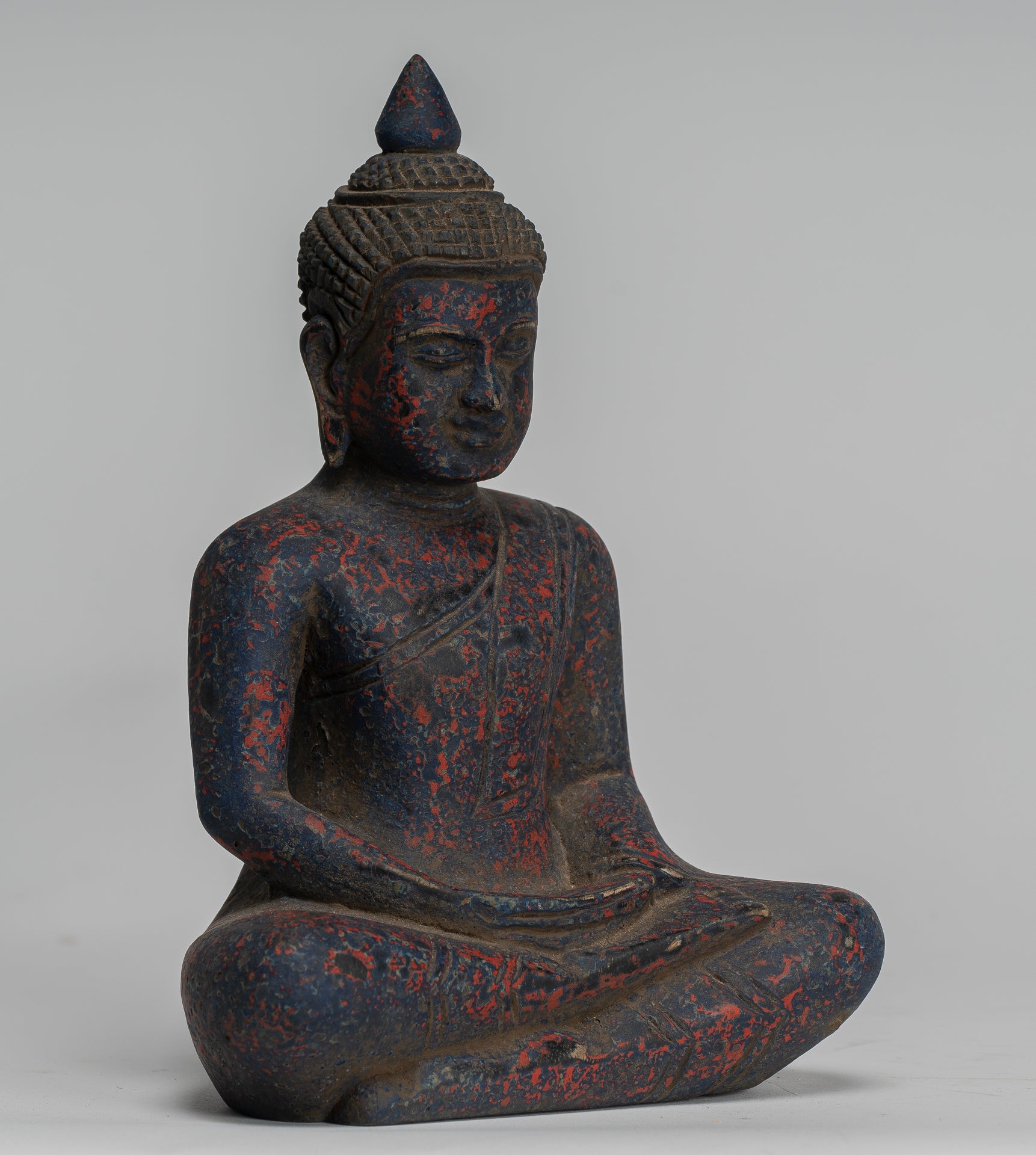 Buddha Sculpture - Antique Khmer Style Wood Seated Buddha Statue Dhyana Meditation Mudra - 20cm/8"