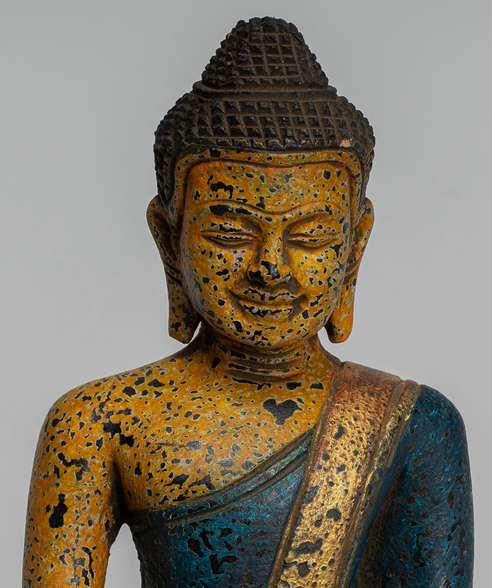 Buddha Statue - Antique Khmer Style SE Asia Seated Wood Enlightenment Buddha Statue - 19cm/8"