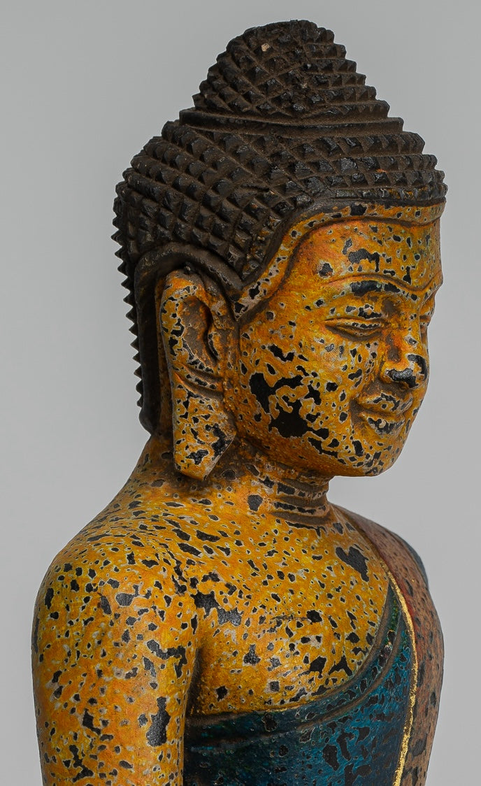 Buddha Statue - Antique Khmer Style SE Asia Seated Wood Enlightenment Buddha Statue - 19cm/8"
