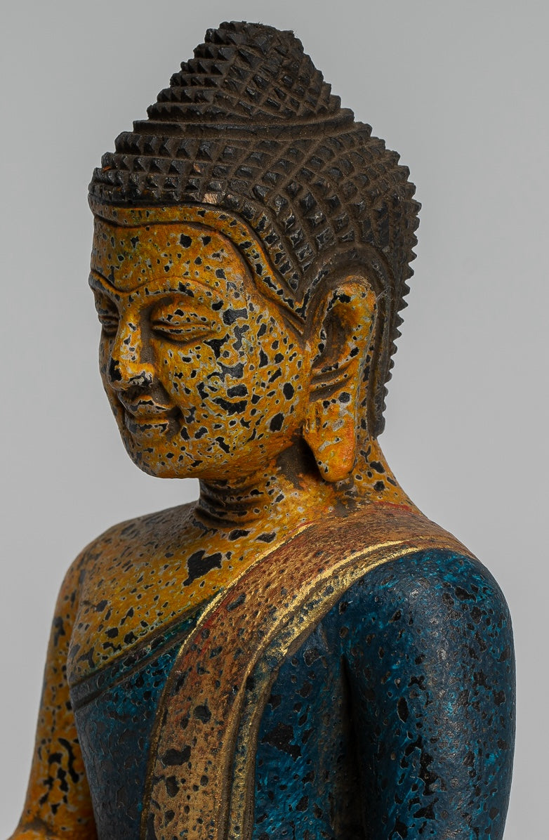 Buddha Statue - Antique Khmer Style SE Asia Seated Wood Enlightenment Buddha Statue - 19cm/8"