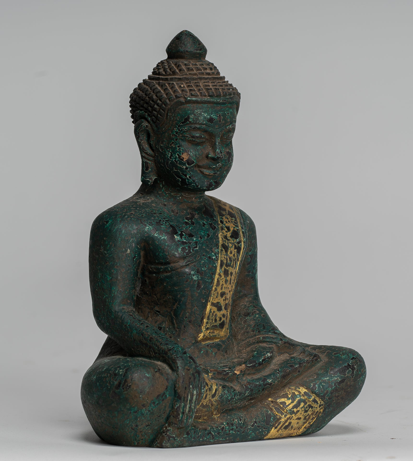 Buddha Statue - Antique Khmer Style SE Asia Seated Wood Enlightenment Buddha Statue - 20cm/8"