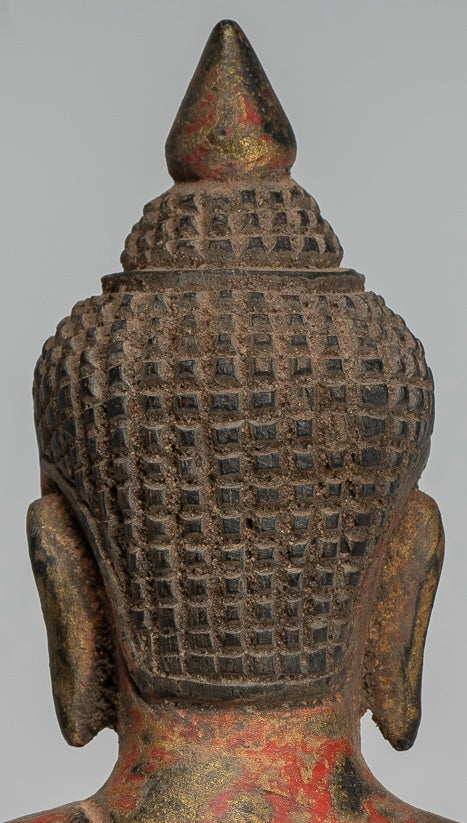 Buddha Statue - Antique Khmer Style SE Asia Seated Wood Enlightenment Buddha Statue - 19cm/8"