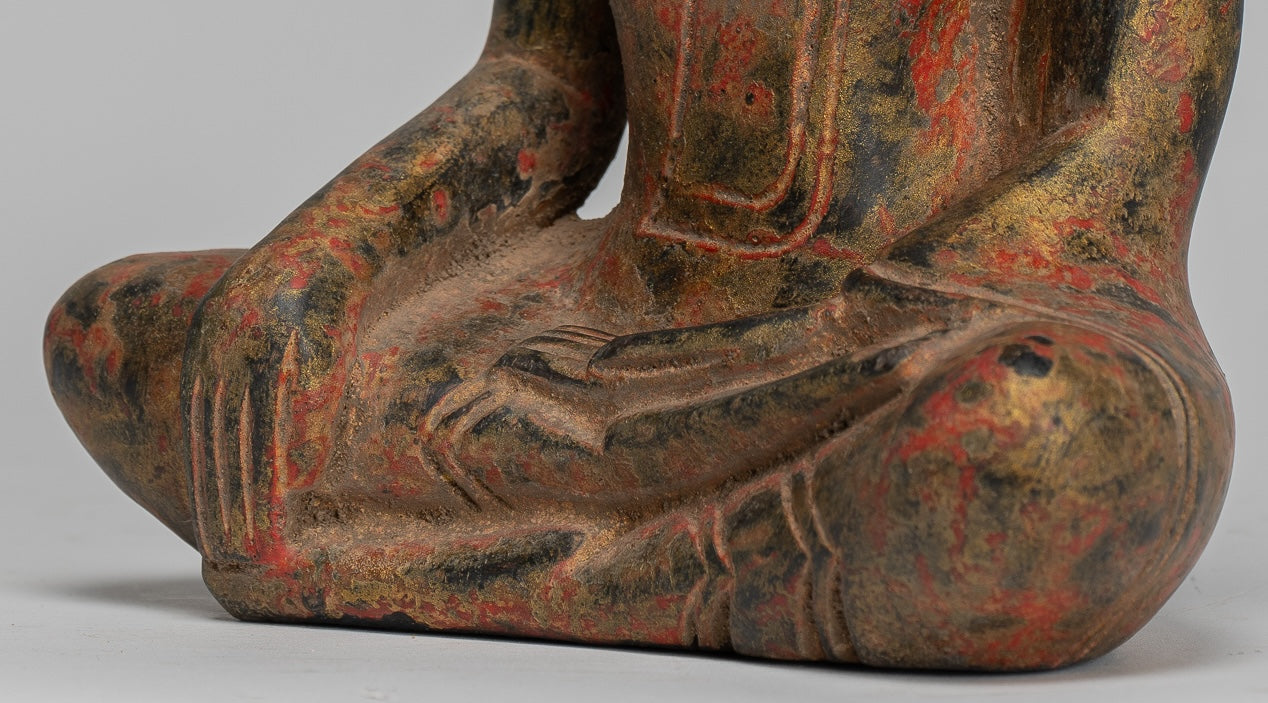 Buddha Statue - Antique Khmer Style SE Asia Seated Wood Enlightenment Buddha Statue - 19cm/8"