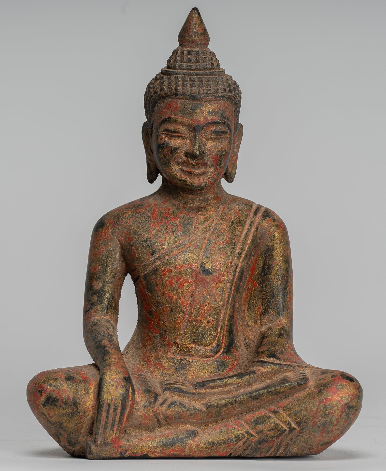 Buddha Statue - Antique Khmer Style SE Asia Seated Wood Enlightenment Buddha Statue - 19cm/8"