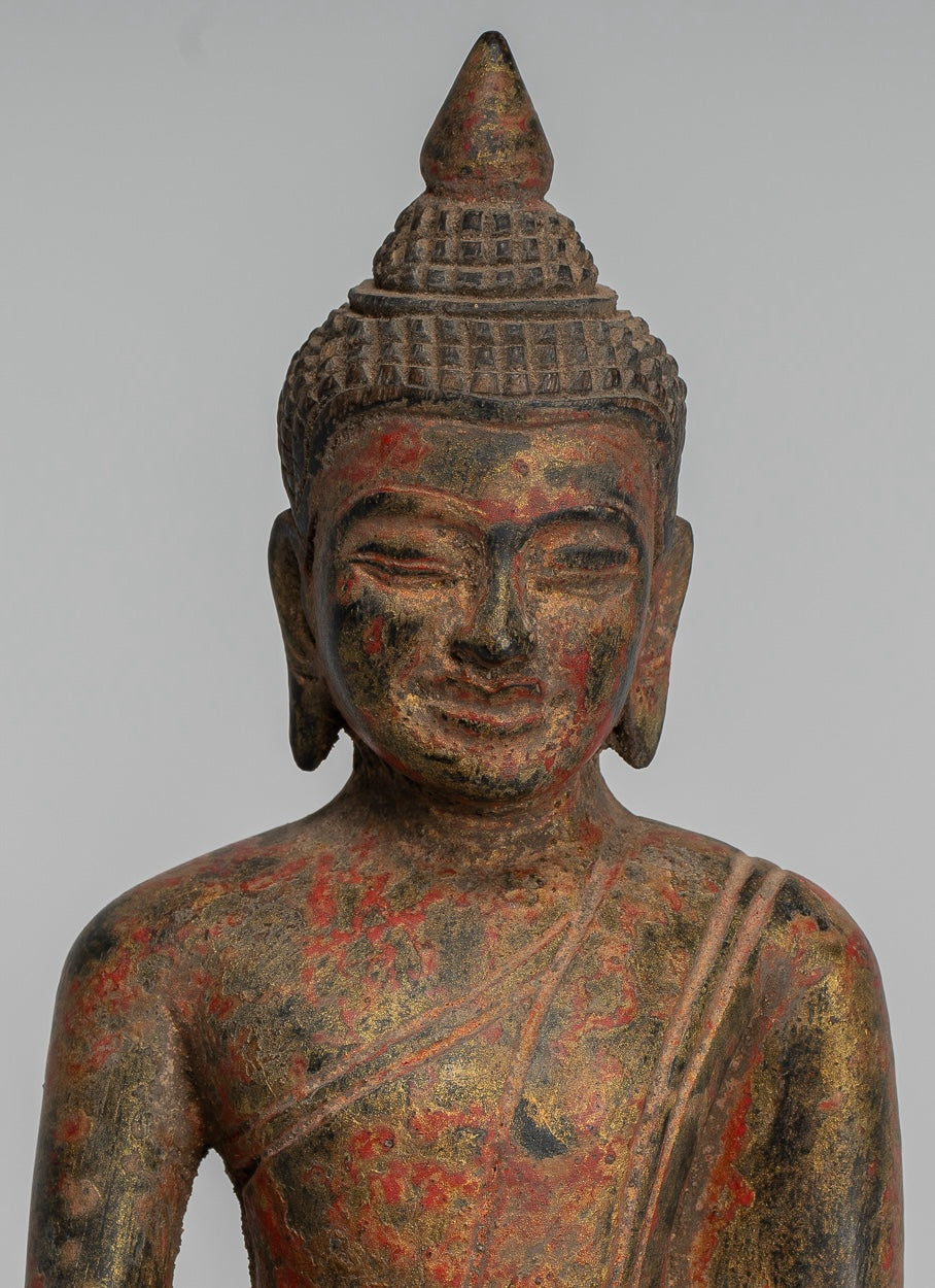 Buddha Statue - Antique Khmer Style SE Asia Seated Wood Enlightenment Buddha Statue - 19cm/8"