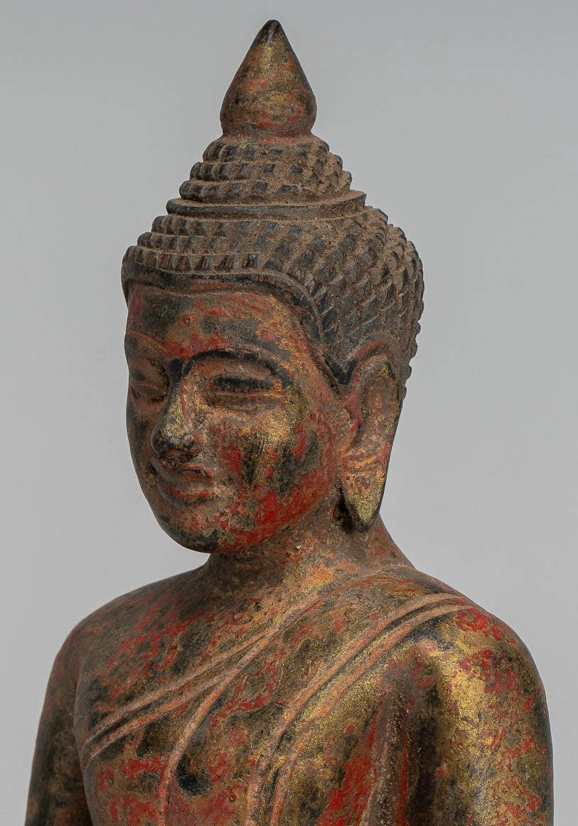 Buddha Statue - Antique Khmer Style SE Asia Seated Wood Enlightenment Buddha Statue - 19cm/8"