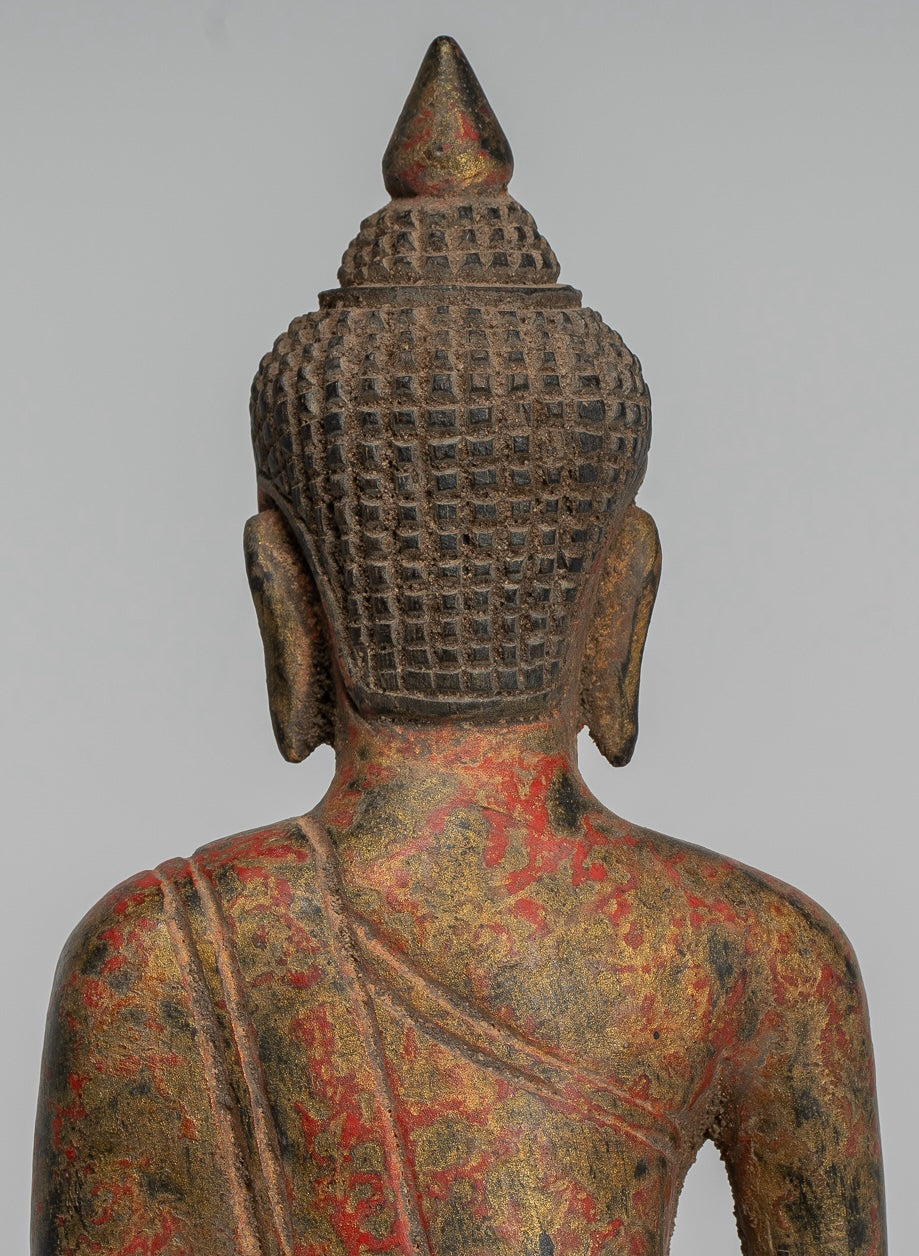 Buddha Statue - Antique Khmer Style SE Asia Seated Wood Enlightenment Buddha Statue - 19cm/8"