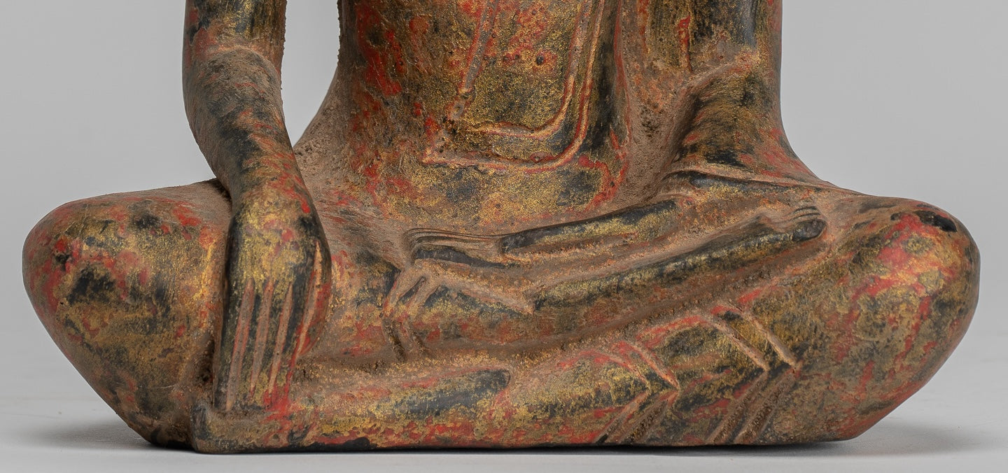 Buddha Statue - Antique Khmer Style SE Asia Seated Wood Enlightenment Buddha Statue - 19cm/8"