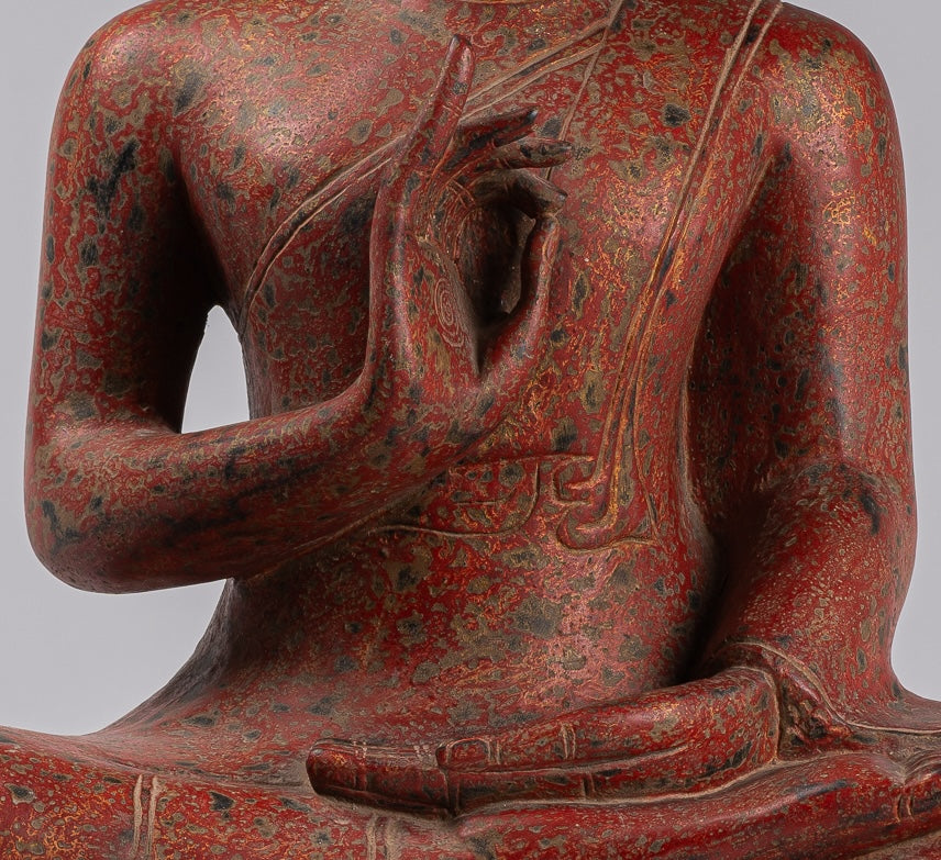Buddha Statue - Antique Khmer Style Cambodia Seated Wood Buddha Statue Teaching Mudra - 78cm/31"