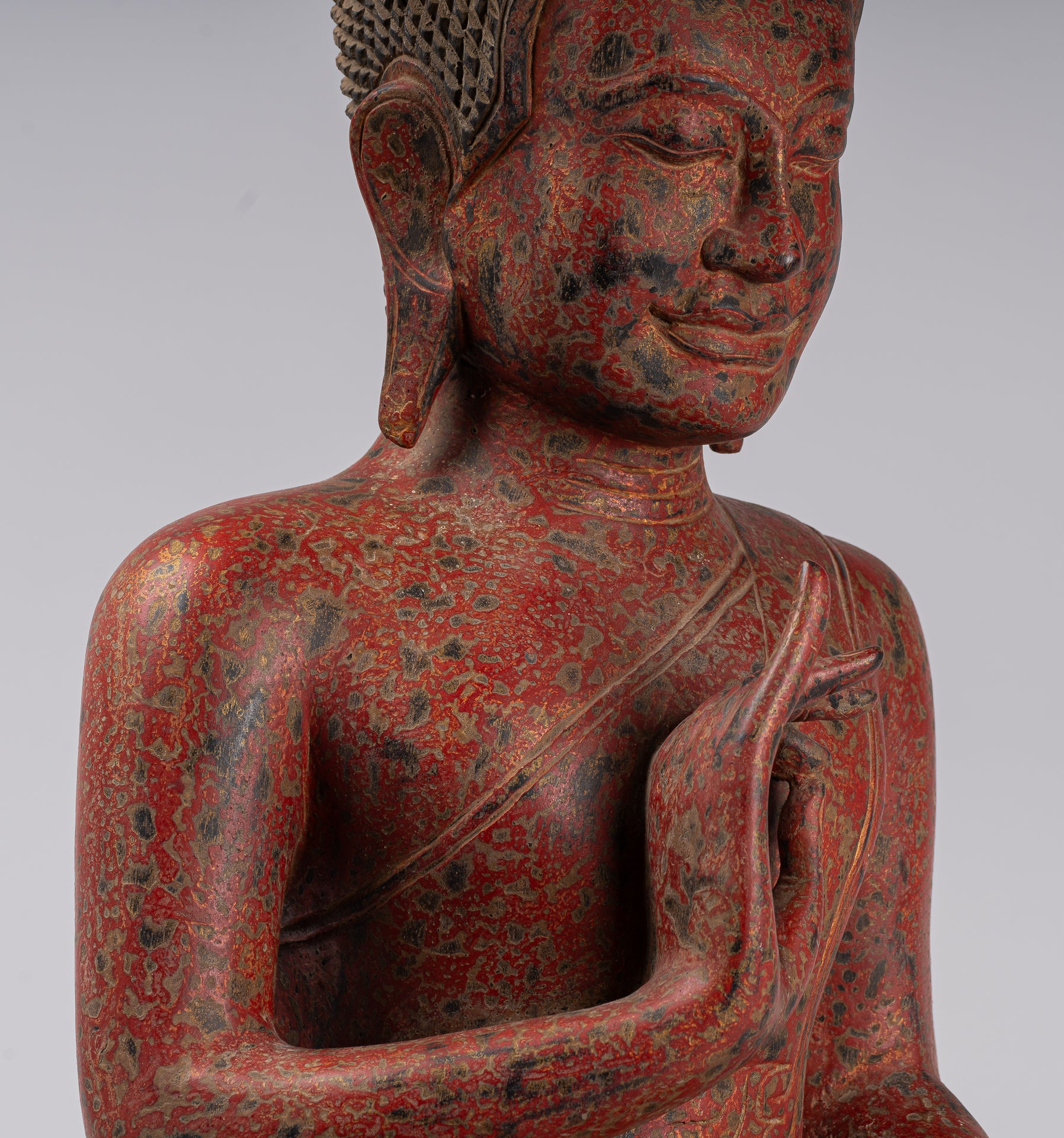 Buddha Statue - Antique Khmer Style Cambodia Seated Wood Buddha Statue Teaching Mudra - 78cm/31"
