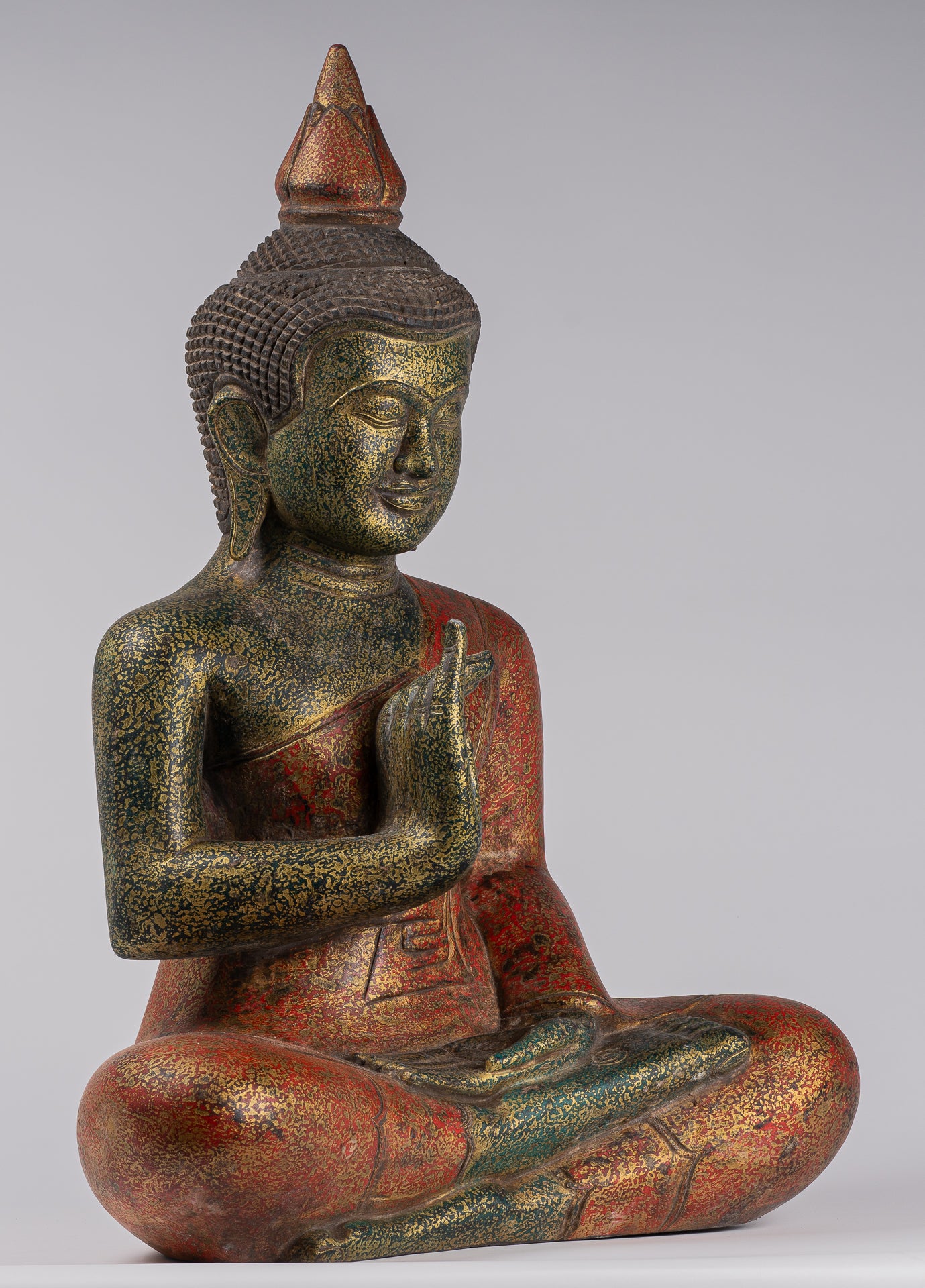 Buddha Statue - Antique Khmer Style Cambodia Seated Wood Buddha Statue Teaching Mudra - 71cm/28"