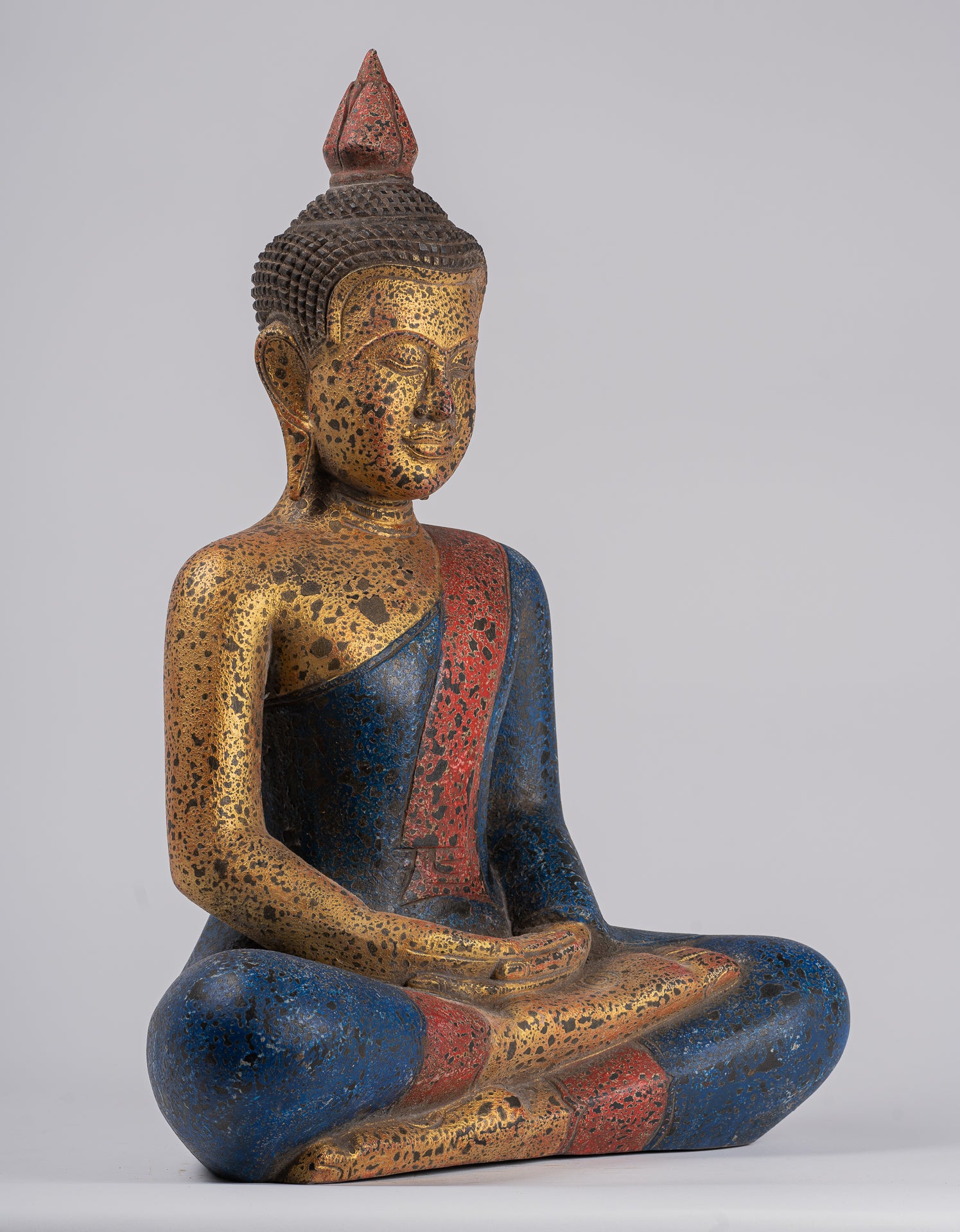 Buddha Sculpture - Antique Khmer Style Wood Seated Buddha Statue Dhyana Meditation Mudra - 55cm/21"