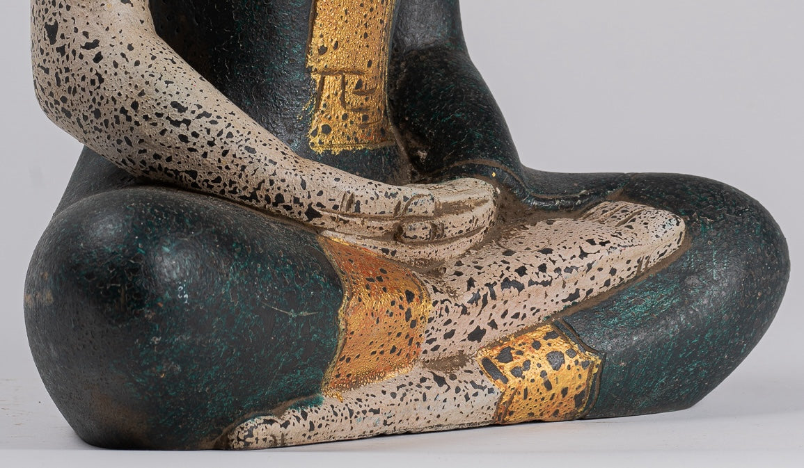 Buddha Sculpture - Antique Khmer Style Wood Seated Buddha Statue Dhyana Meditation Mudra - 40cm/16"