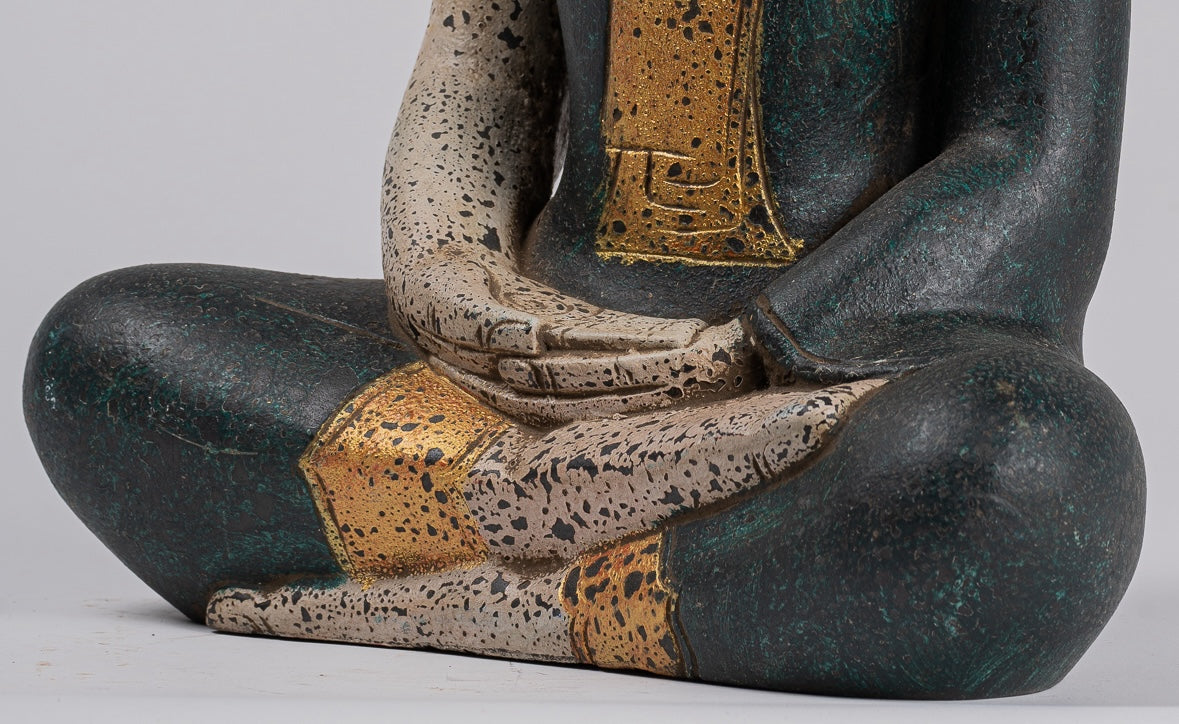 Buddha Sculpture - Antique Khmer Style Wood Seated Buddha Statue Dhyana Meditation Mudra - 40cm/16"