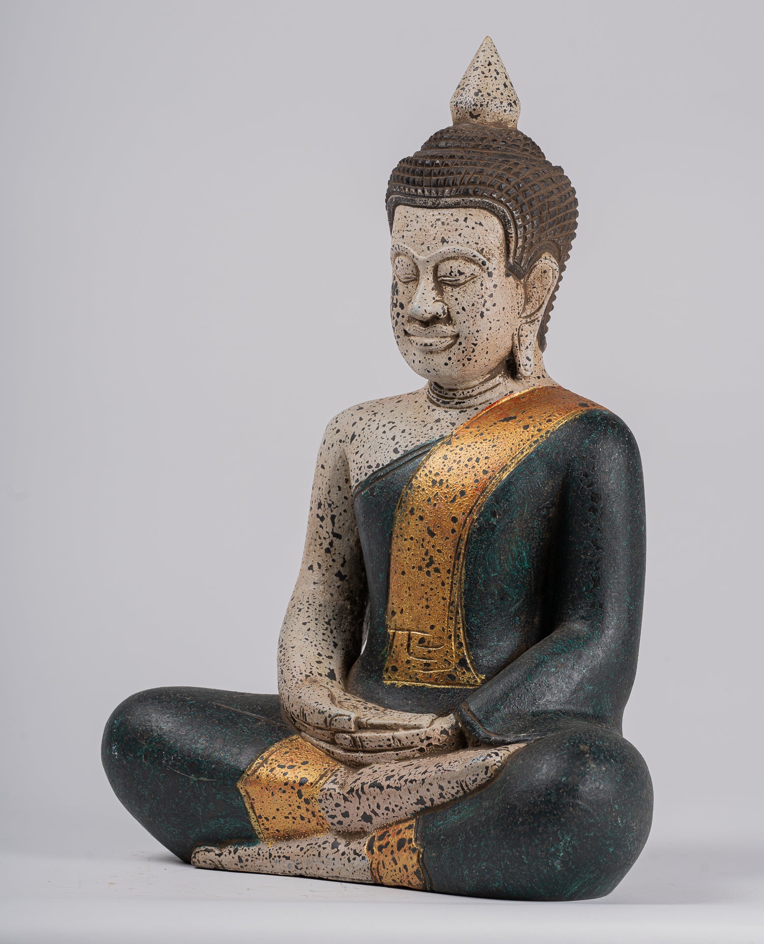 Buddha Sculpture - Antique Khmer Style Wood Seated Buddha Statue Dhyana Meditation Mudra - 40cm/16"